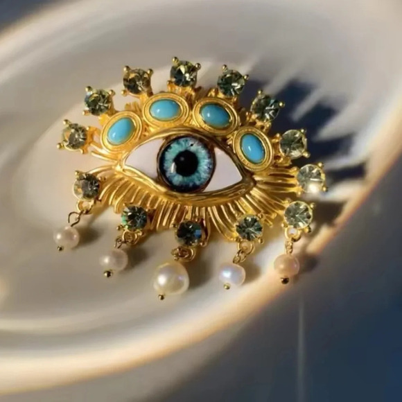 Art Deco Evil Eye Brooch – Gold & Aqua Crystal Pin with Pearls - Picture 1 of 15